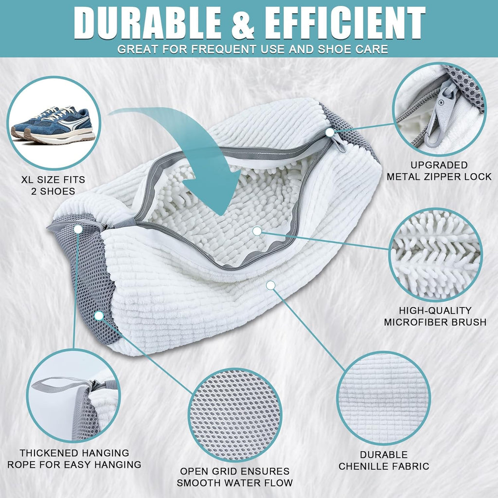 XXL Shoe Washing Machine Bag - 2-Pack Reusable Shoe Cleaning Bags, 360° Deep Clean for Tennis Shoes, Sneakers and Slippers, Includes 2 Shoe Storage Dust Bags (White)