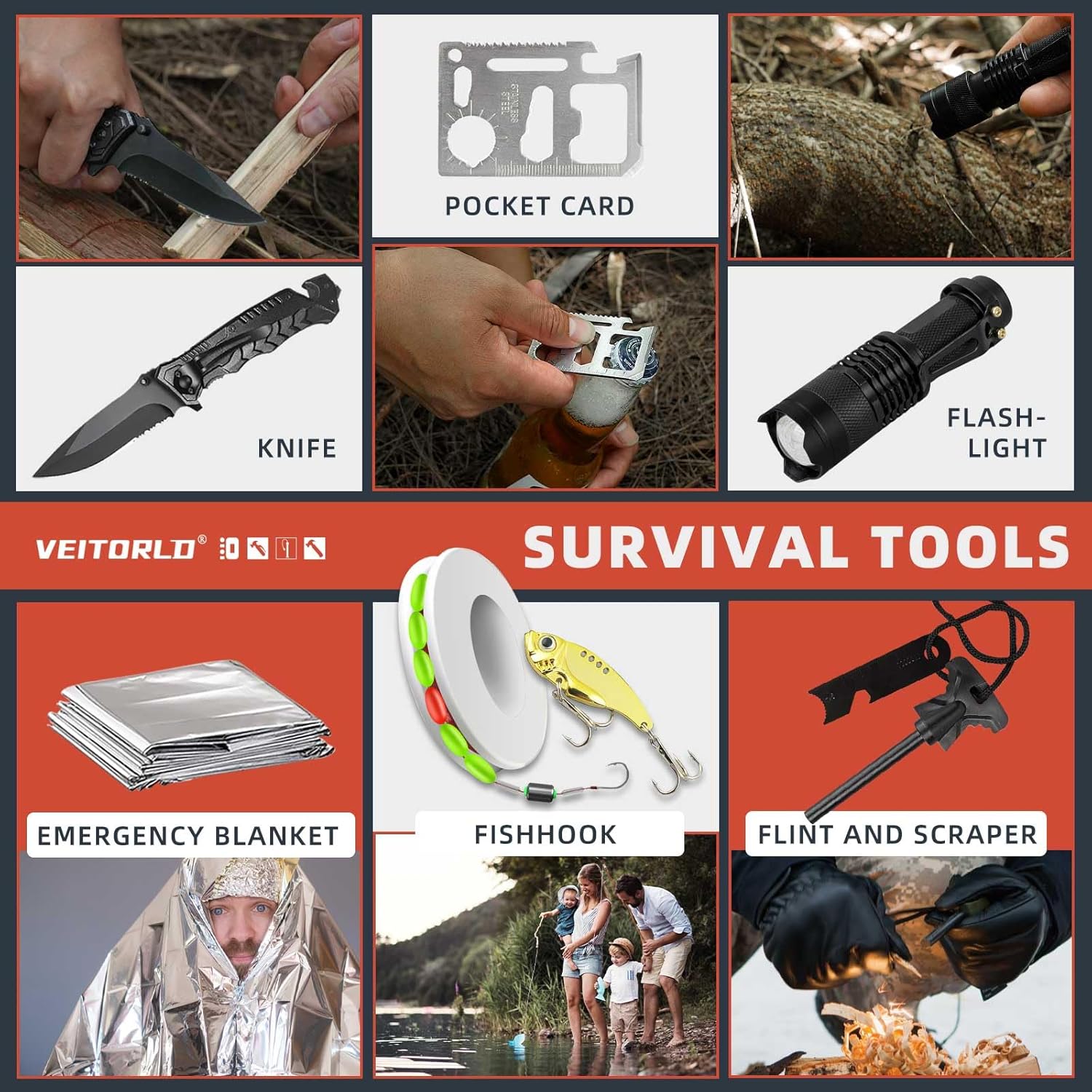 VEITORLD Gifts for Men Dad Him Christmas - Survival Gear and Equipment 12 in 1, Survival Kits - Cool Unique Fishing Hunting Birthday Gifts for Husband Teen Boy Boyfriend Women, Mens Stocking Stuffers
