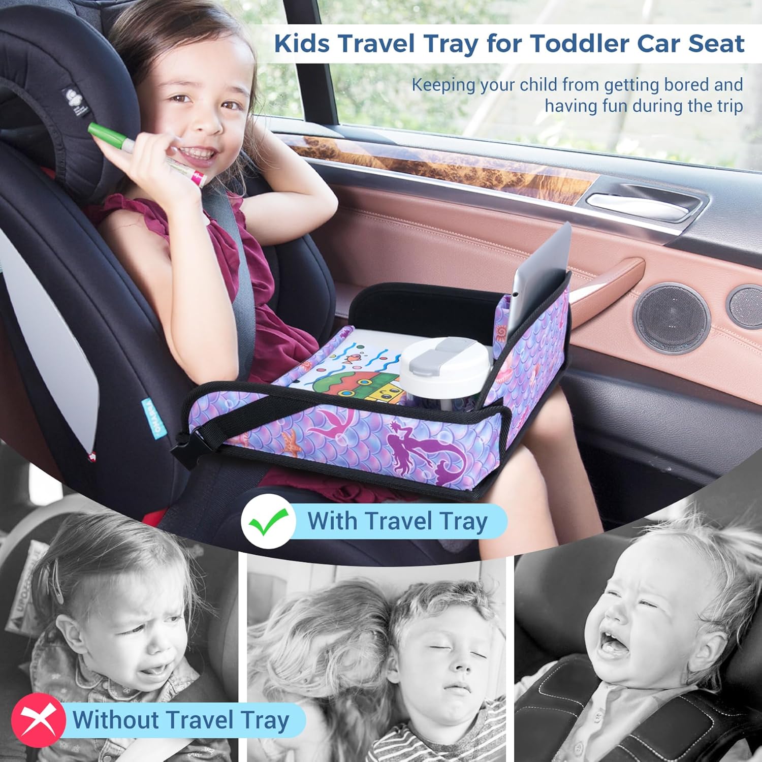 COOLBEBE Kids Travel Tray for Toddler Car Seat, Travel Tray for Airplane, Toddler Car Seat Lap Tray, Carseat Table Tray for Kids Travel Activities (Mermaid