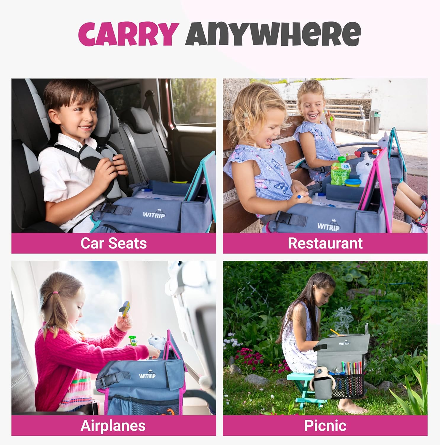 Kids Travel Tray with Dry Erase Board, Travel Tray for Kids Car Seat, Carseat Table Trays for Toddler, Kid Activity Desk for Air Travel, No-Drop Tablet Holder & Borders (Pink Frame)