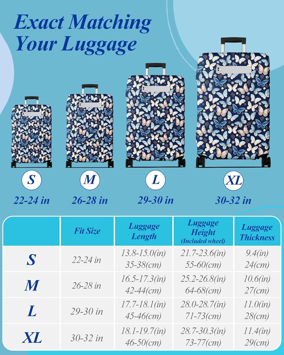 Slohif Luggage Cover for Suitcase Tsa Approved Protector - Luggage Sleeve Large Suit Case Cover Travel Stretch Baggage Case Protective Washable Fit 30-32 Inch Blue Butterfly XL