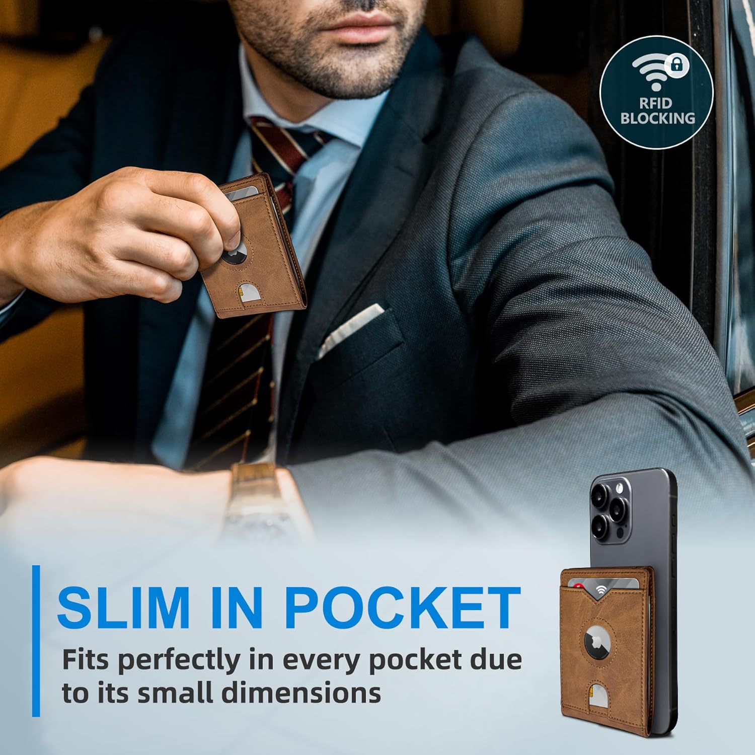 Airtag Wallet for Men,with Cash Pocket 2 ID Window 13 Cards,Slim Leather Wallet Front Pocket Card Holder RFID Blocking with Gift Box