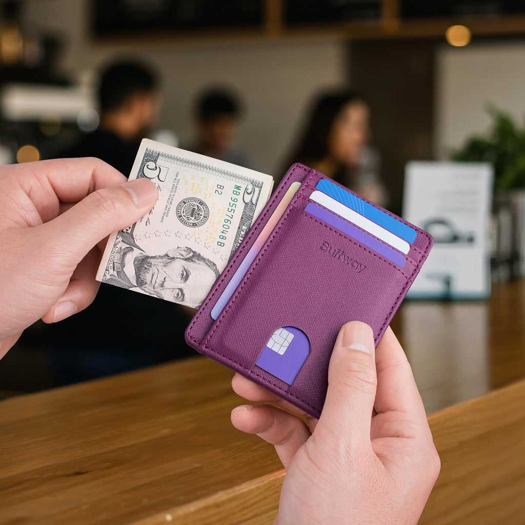 Buffway Slim Minimalist Front Pocket RFID Blocking Leather Wallets for Men and Women - Cross Purple