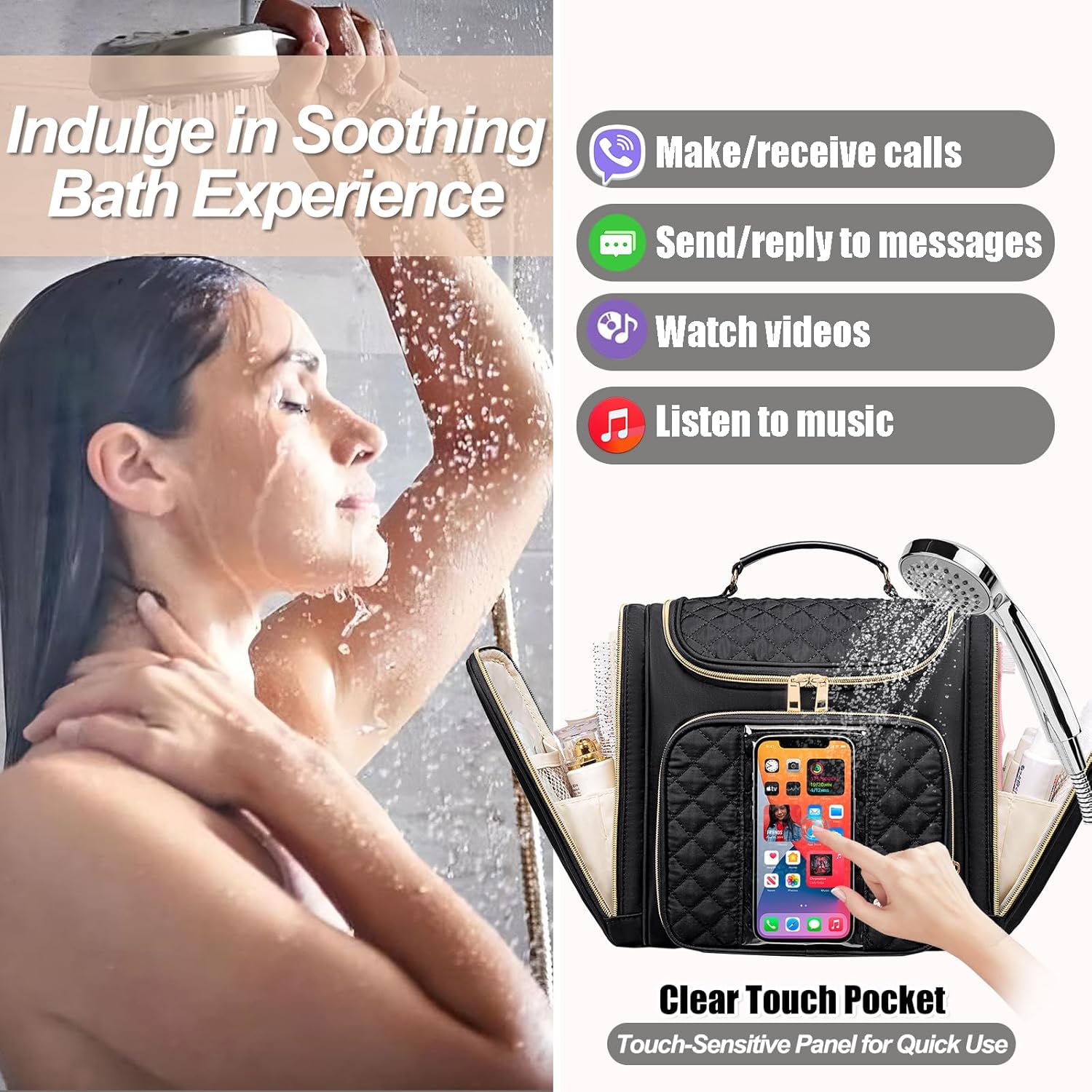 Travel Toiletry Bag for Women, Hanging Toiletry Bag, Bathroom Bag Portable Shower Caddy for College Dorm Travel Shower Bag for Women Water-Resistant Cosmetic Makeup Bag (Black)