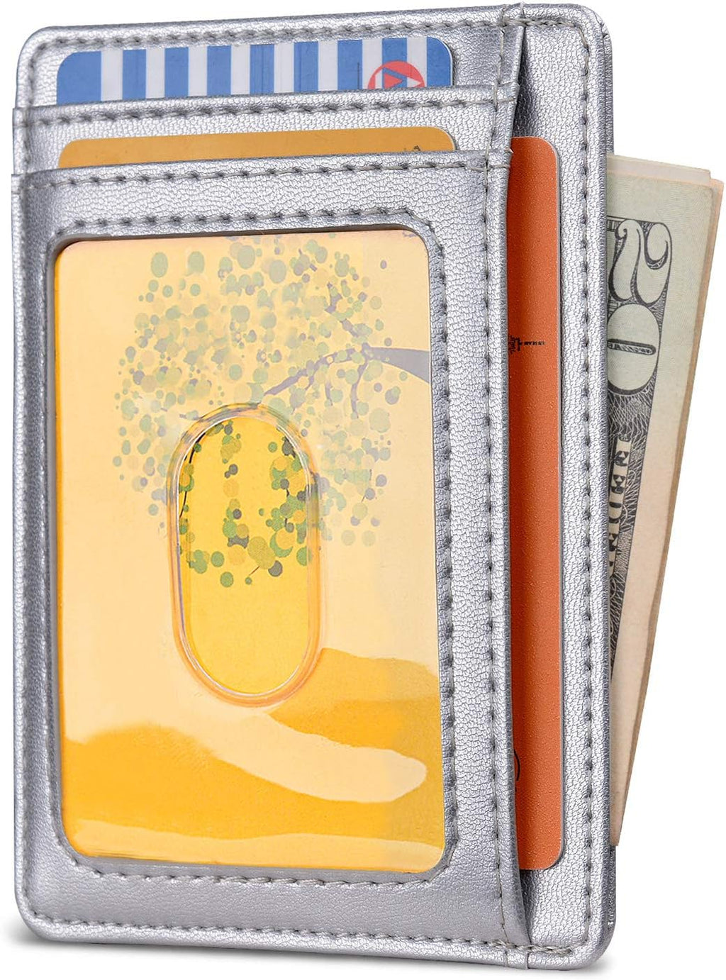 Buffway Slim Minimalist Front Pocket RFID Blocking Leather Wallets for Men and Women - Sand Silver