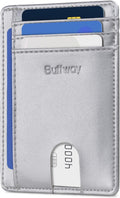 Buffway Slim Minimalist Front Pocket RFID Blocking Leather Wallets for Men and Women - Sand Silver