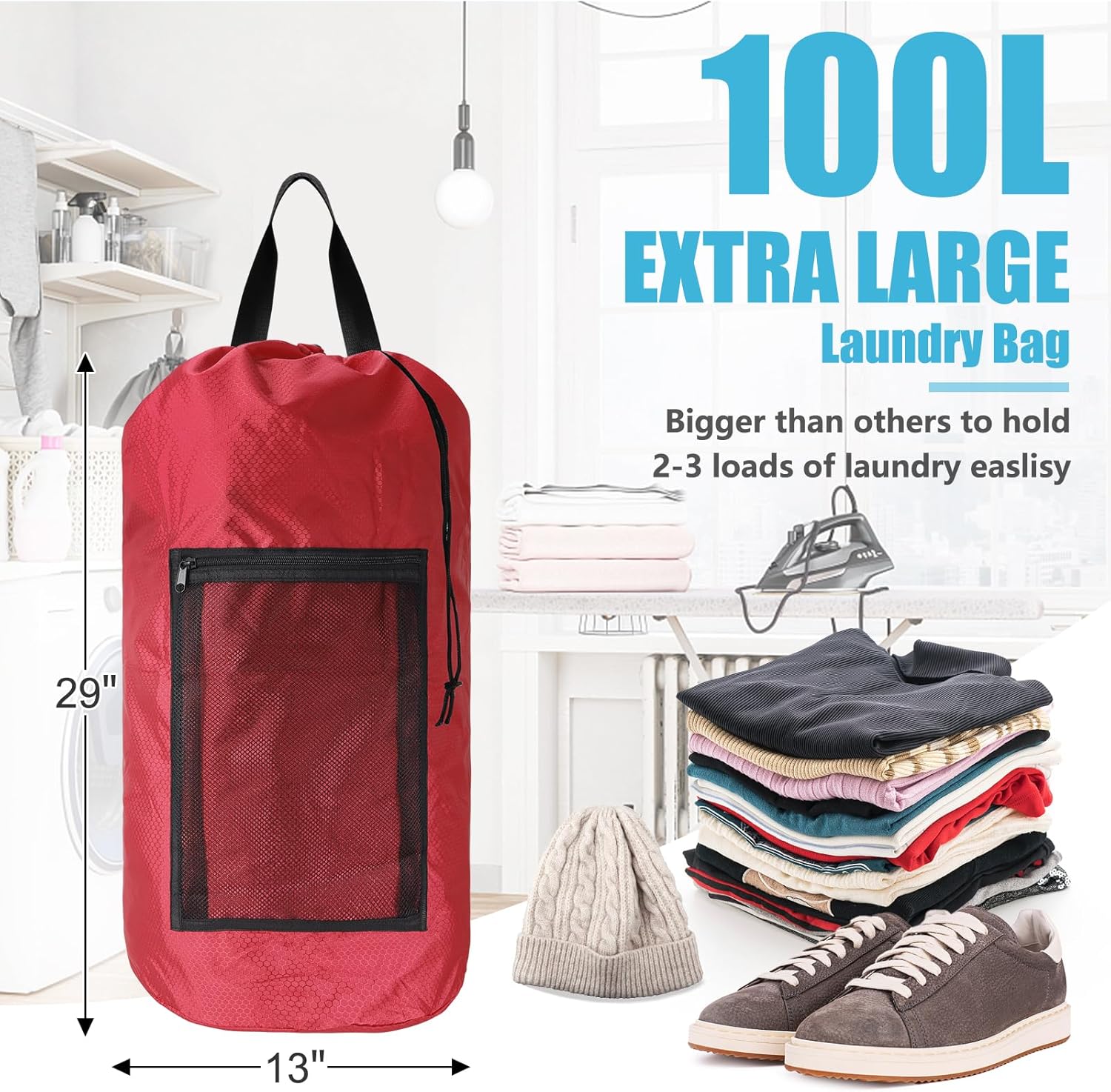 Portable Laundry Bag Backpack with Adjustable Straps, Drawstring Closure & Mesh Pocket - Perfect for College, Apartments, Camping (Red)