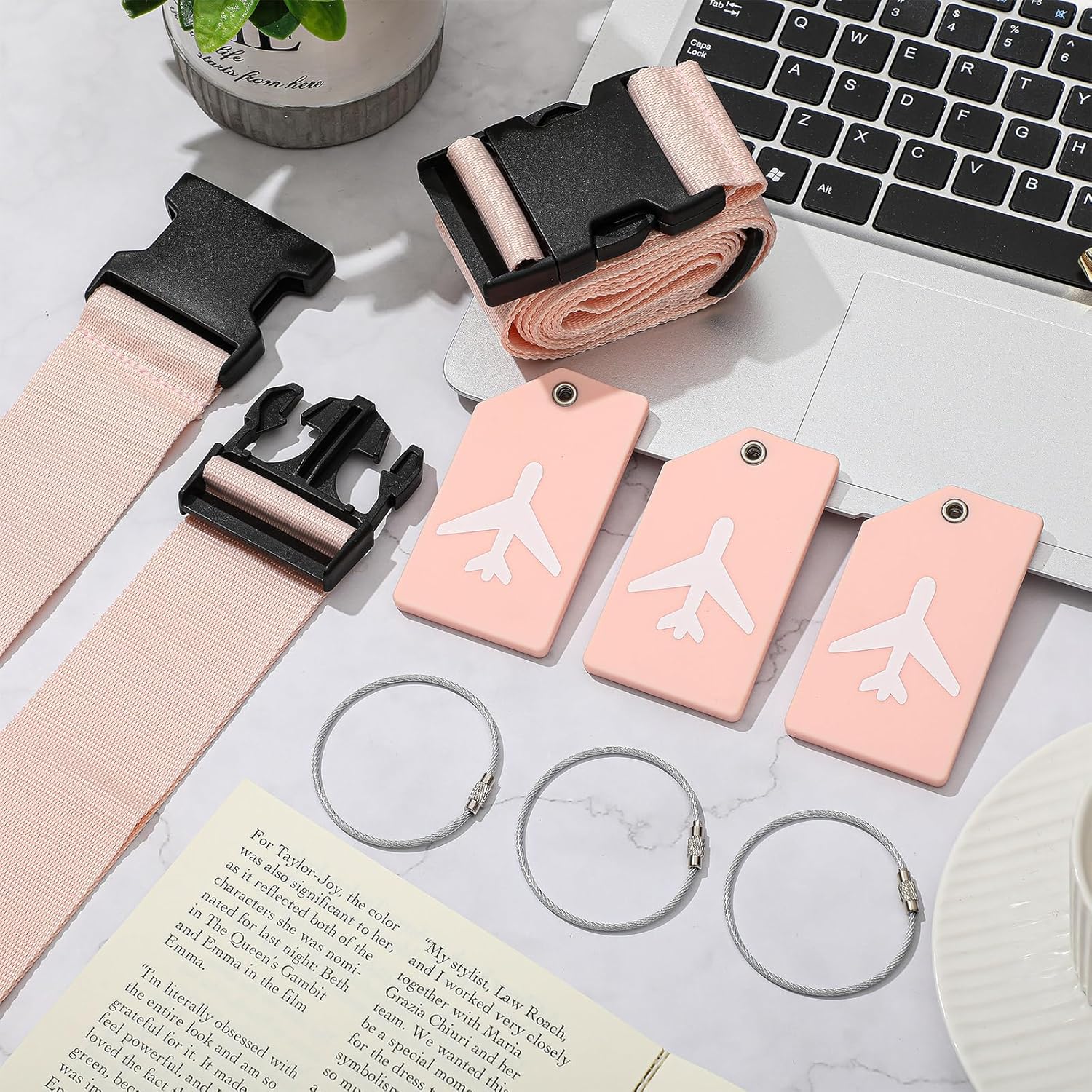 Weewooday 8 Pcs Luggage Straps Suitcase Tags Set for TSA Approved, 4 Travel Adjustable Suitcase Belt, 4 Silicone Luggage Tags with Name ID Card Travel Accessories(Light Pink,Airplane)