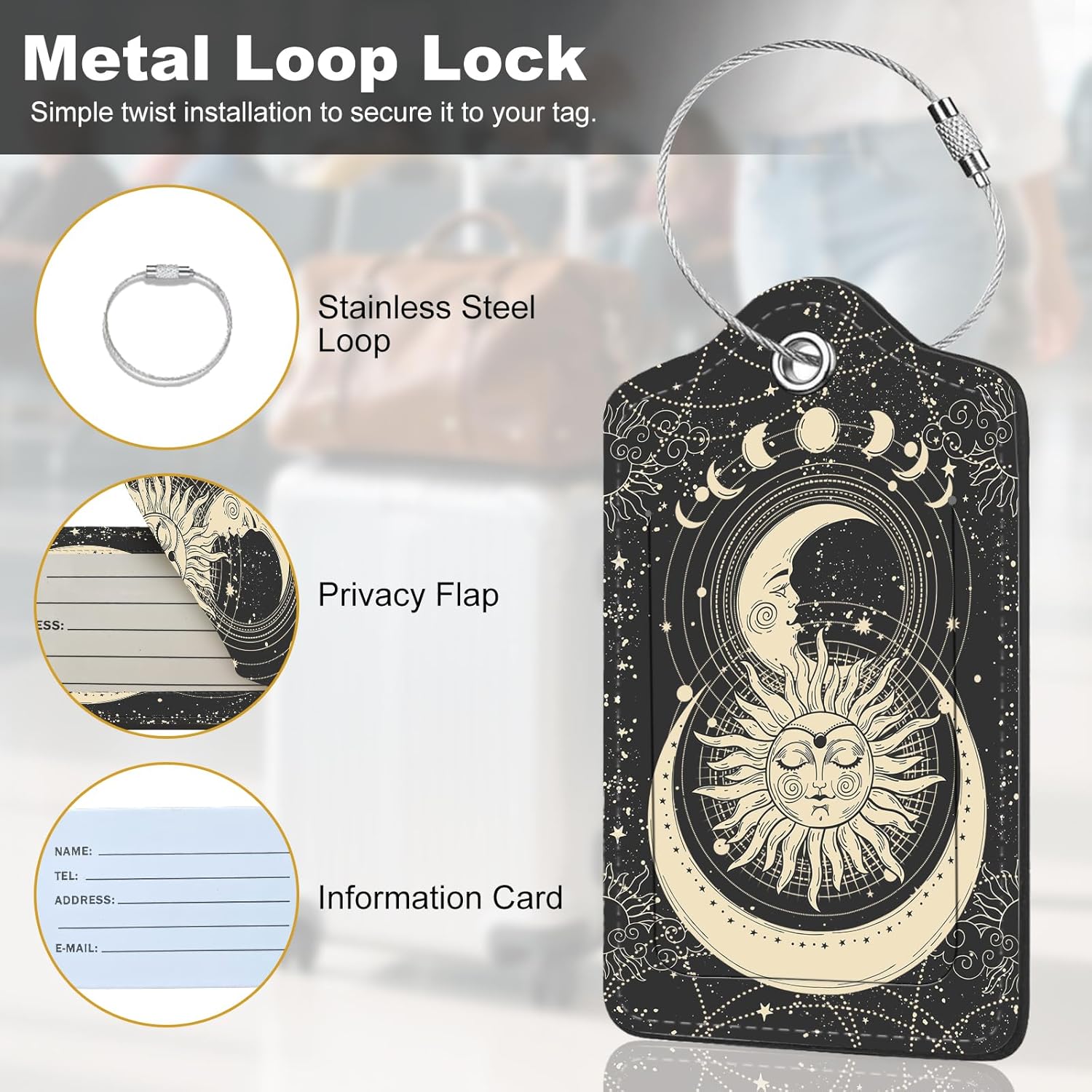 2Pack Luggage Tags for Suitcases, Cute Unique Pu Leather Cruise Luggage Tag with Privacy Cover ID Label Address Card and Metal Ring  Sun and Moon Face