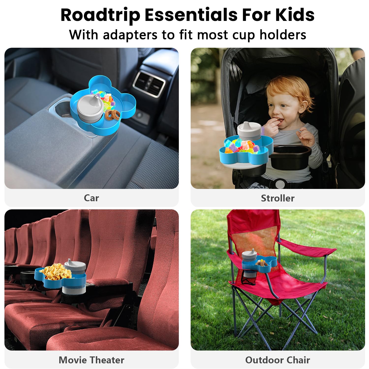 BlueOrigin Car Seat Snack Tray - Travel Tray for Kids Car Seat, Stroller, Booster and Anywhere with a Cup Holder, Toddler Road Trip Essentials Food Plate for Snacks, Toys, Entertainment (Blue)