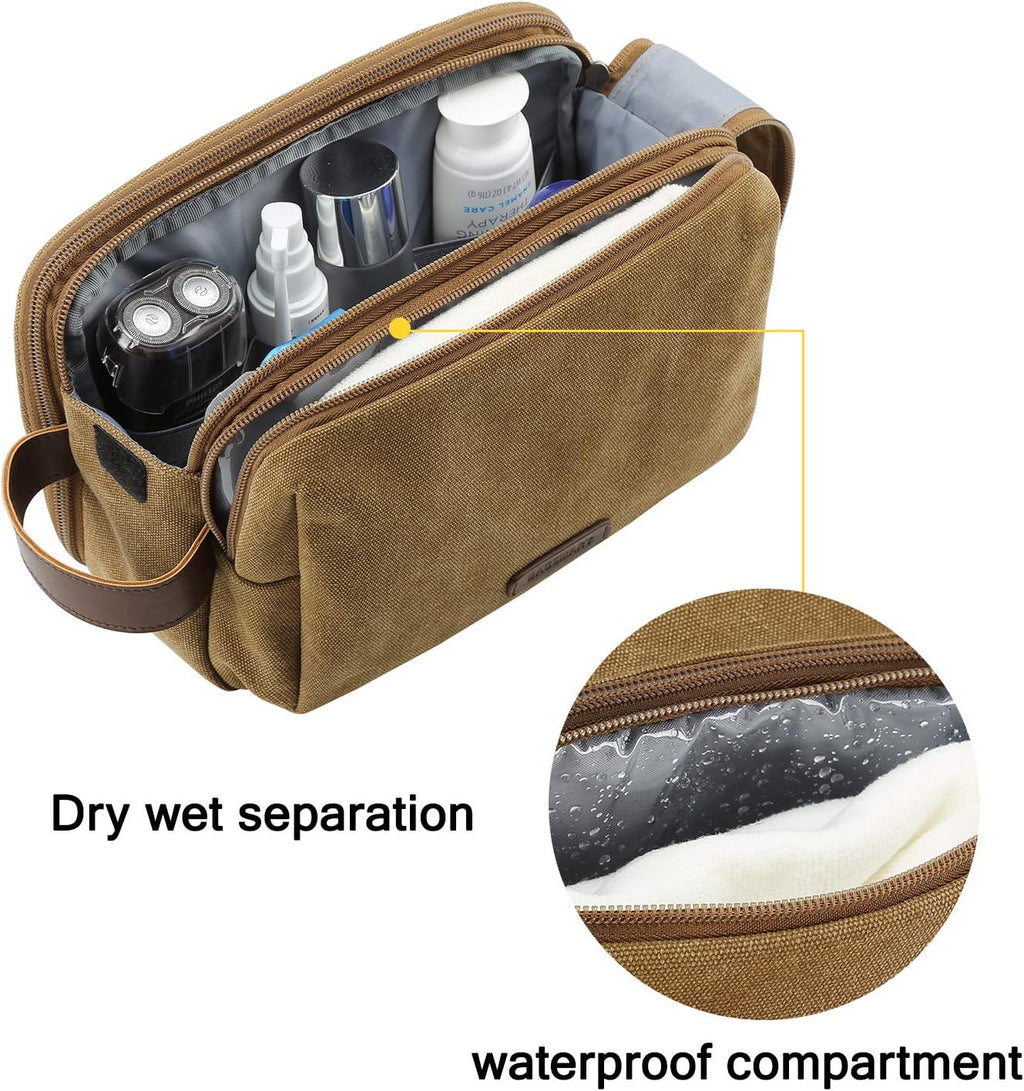 BAGSMART Toiletry Bag for Men, Canvas Travel Toiletry Organizer Dopp Kit Water-resistant Shaving Bag for Toiletries Accessories,Khaki-Medium