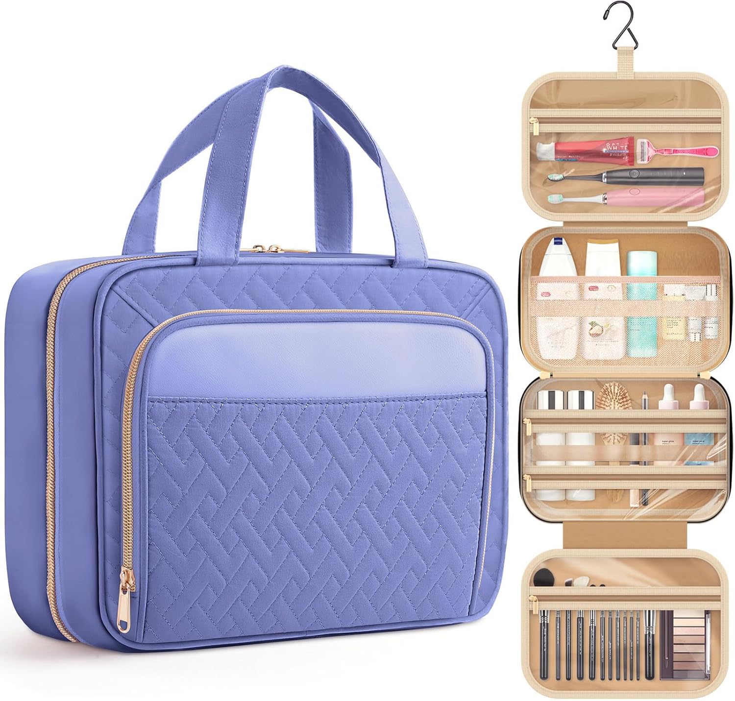 HOTOR Travel Toiletry Bag for Women & Men, Waterproof Makeup Bag with Hanging Hook and Multiple Pockets, Cosmetic Bags for Women, Travel Essentials, 11.2'' x 3.2'' x 8.9'', Aegean-Blue