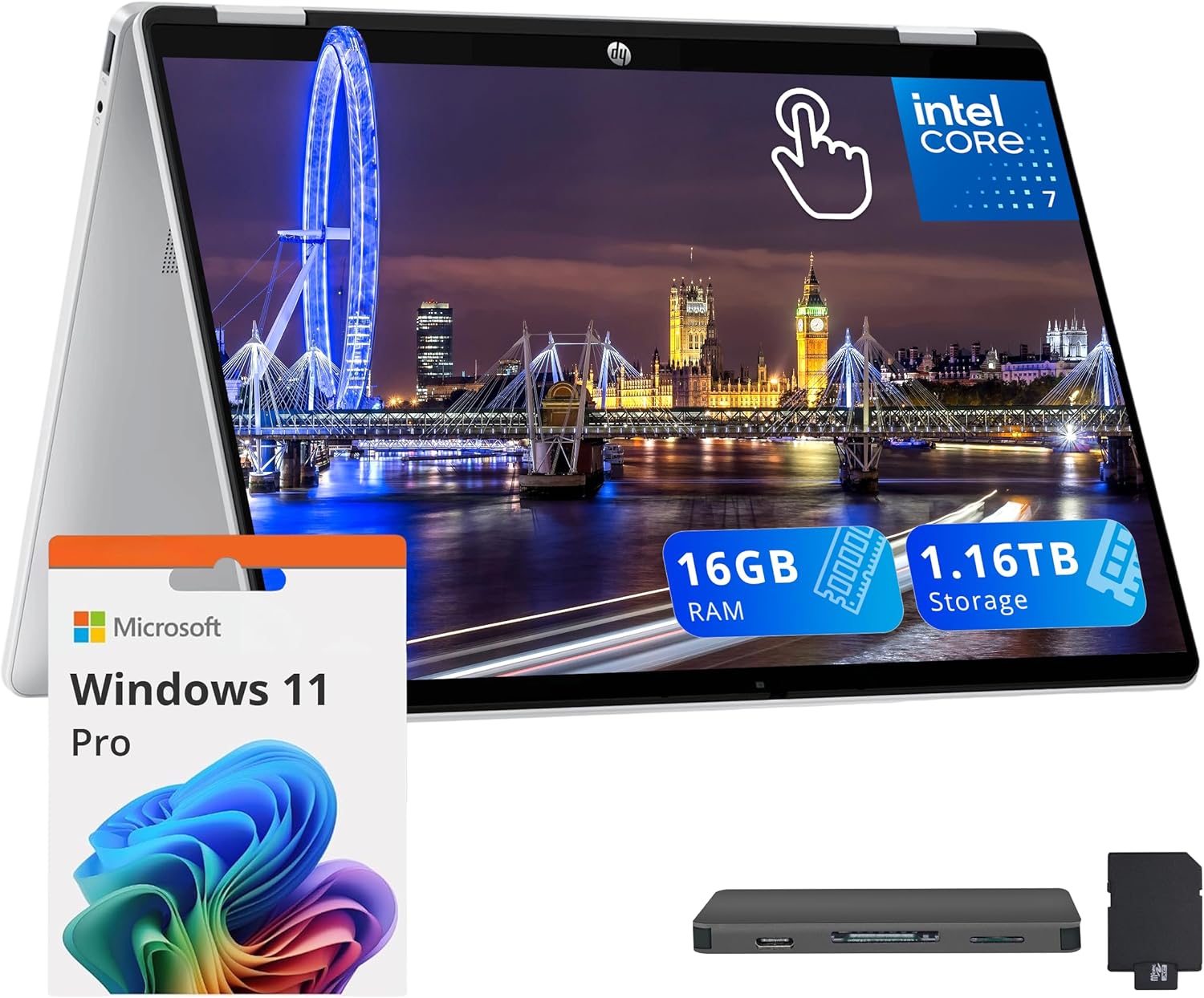 HP OmniBook 5 Flip 2-in-1 14" 2K Touchscreen Laptop, Intel 7 150U, 16GB LPDDR5, 1.16TB Storage(1TB SSD+160GB Docking Station Set), Backlit Keyboard, 5MP IR Camera, Wi-Fi 6E, Windows 11 Pro, Silver