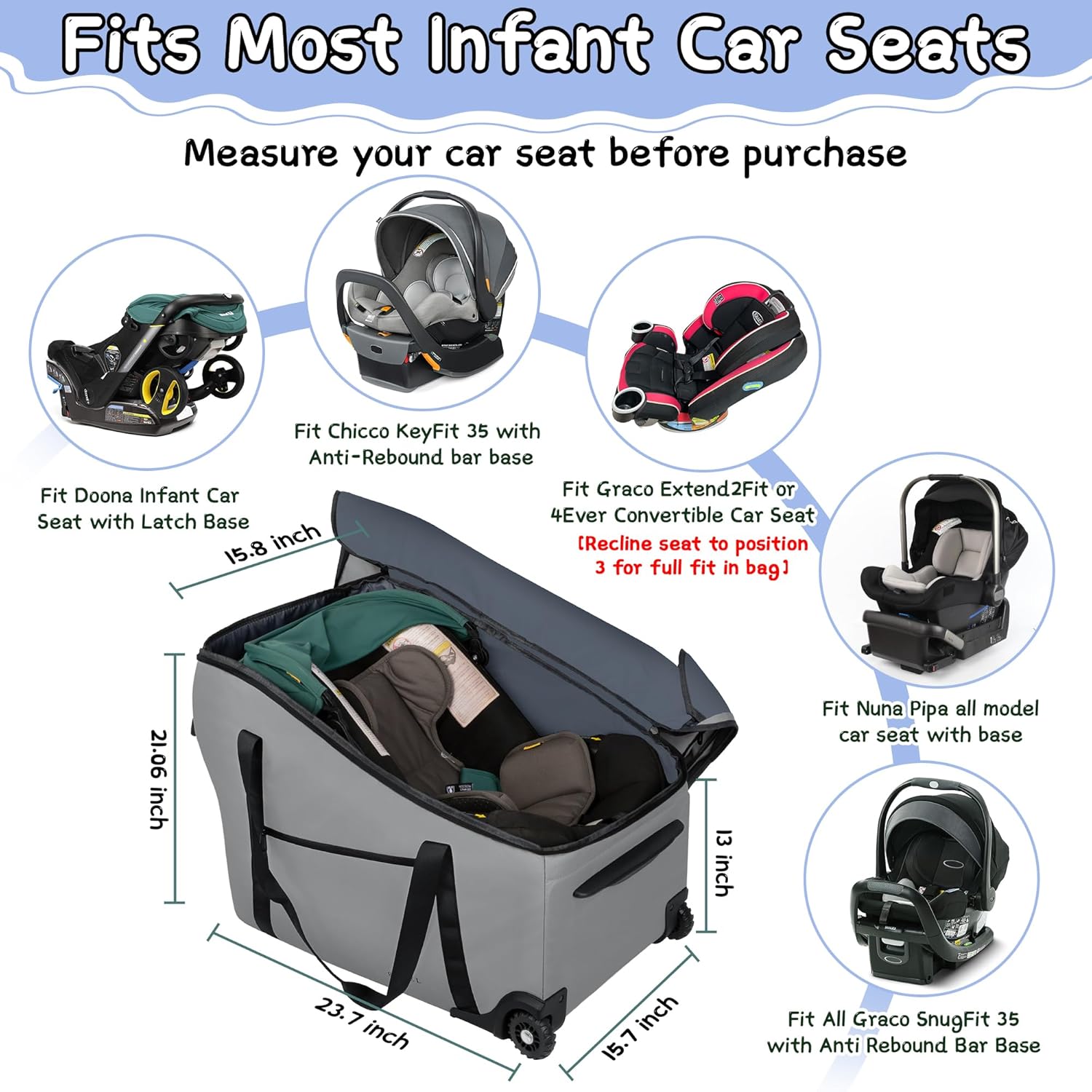 Car Seat Bags for Air Travel Fit Chicco Keyfit 35 and Anti-rebound Bar Base, Fit Doona Car Seat Stroller and Base, Nuna Pipa Travel Bag, Infant Car Seat Bag, Doona Travel Bag