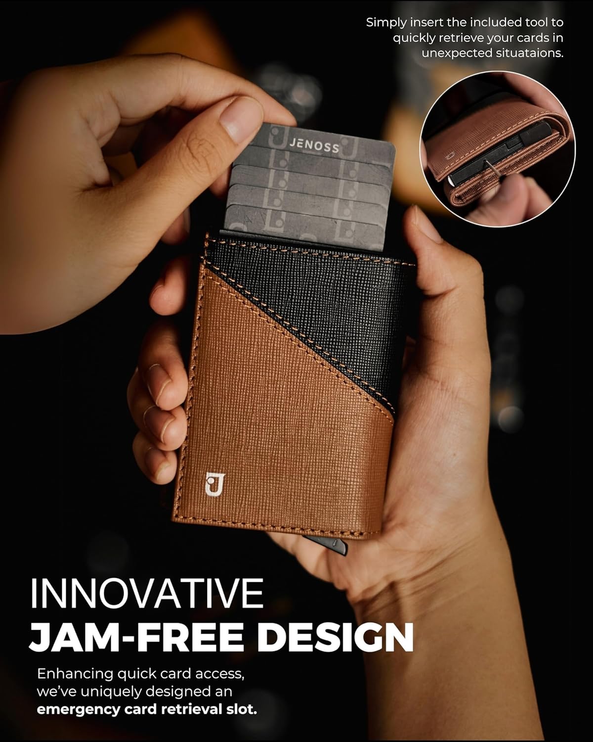 Jenoss Smart Wallet For Men: Full Grain Leather, Handcrafted, Slide Metal Pop Up Case, Slim RFID Blocking Credit Card Holder, Compact 12 Cards Slot Organizers, ID, Money Clip(Brown & Black)