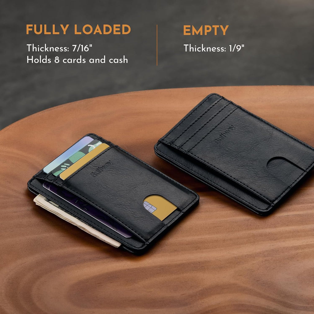 Buffway Slim Minimalist Front Pocket RFID Blocking Leather Wallets for Men and Women - Slate Black