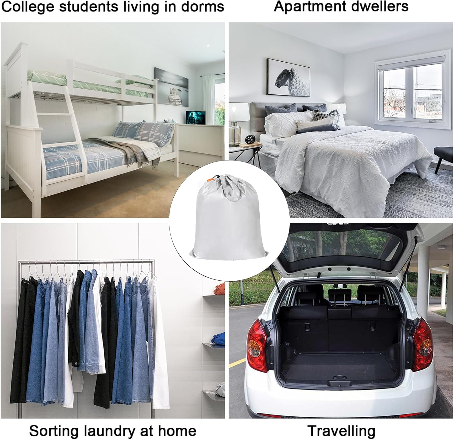 Polecasa Small Heavy Duty Laundry Bag with drawstring closure and Reinforced Handles, Easy to Carry Dirty Clothes Drawstring Bag for Travel, Camp 2 Pack 21”x24”, Silver