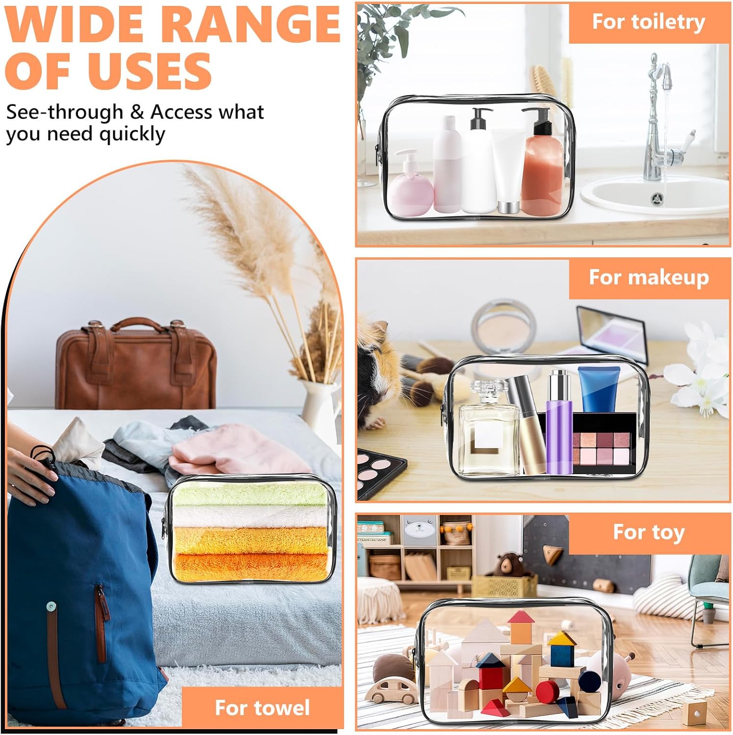 AURUZA 4 Pack Clear Toiletry Bag, Portable Travel Makeup Pouch with Zipper, TSA Approved Organizer, PVC Cosmetic for Airport Airline Compliant