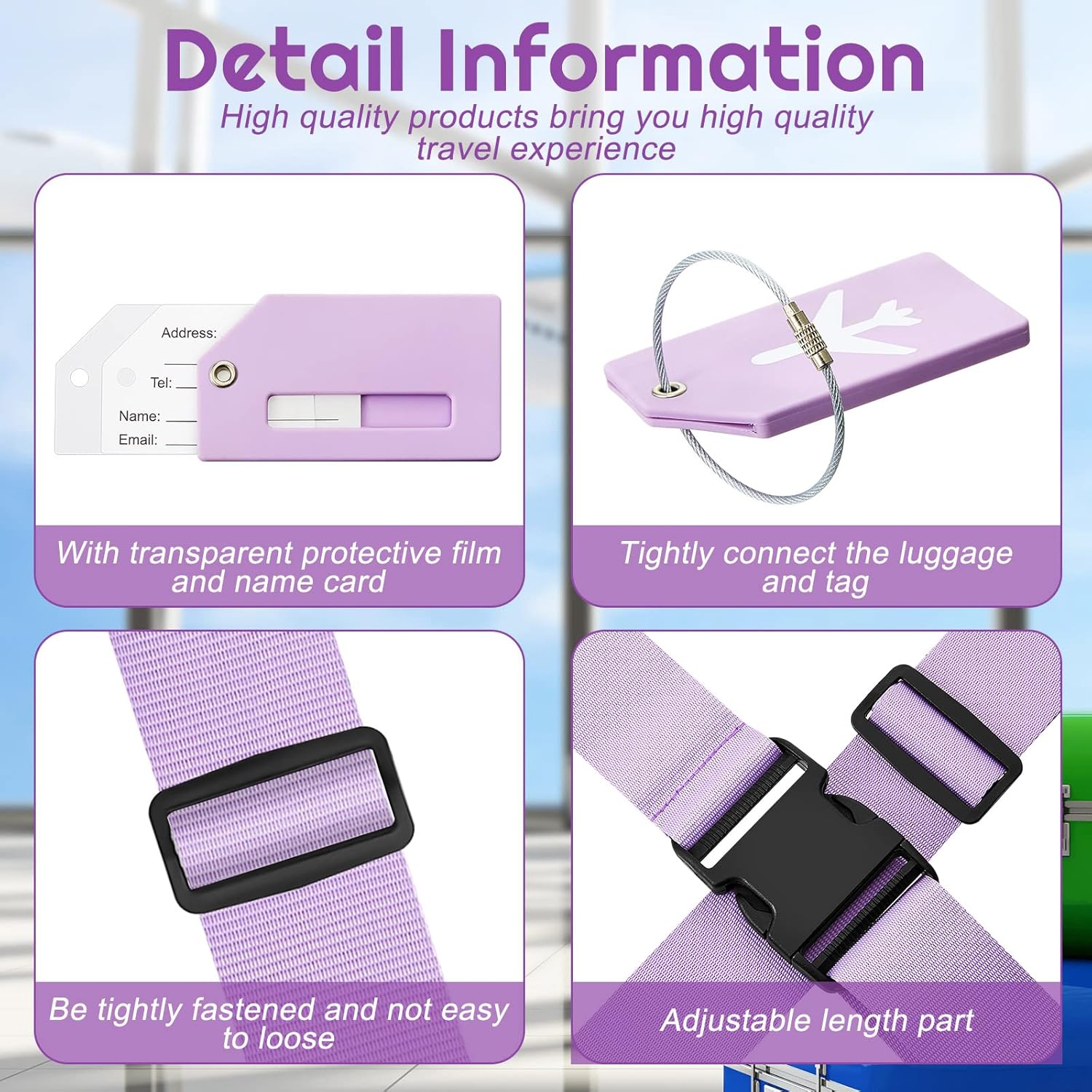 Weewooday 8 Pcs Luggage Straps Suitcase Tags Set for TSA Approved, 4 Travel Adjustable Suitcase Belt, 4 Silicone Luggage Tags with Name ID Card Travel Accessories(Light Purple,Airplane)