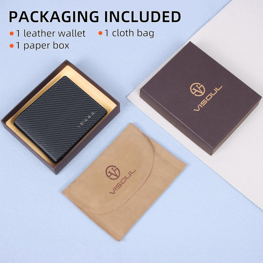 VISOUL Wallet for Men with 2 ID Windows 8 Credit Card Slots 2 Cash Compartments, Carbon Fiber Leather Bifold Mens Wallet with RFID Blocking (Carbon Fiber Black+Burgundy)