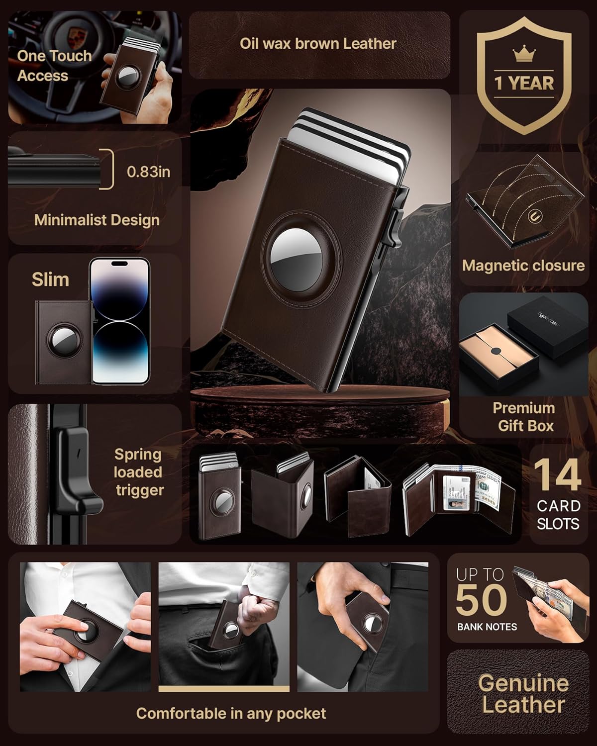 typecase Mens Wallet Card Holder for AirTag: Leather Smart Wallet for Men Compatible with Apple Air Tag, RFID Blocking, Slim, Minimalist - 9-14 Card Capacity | ID Window | Cash Slot (Dark Brown)