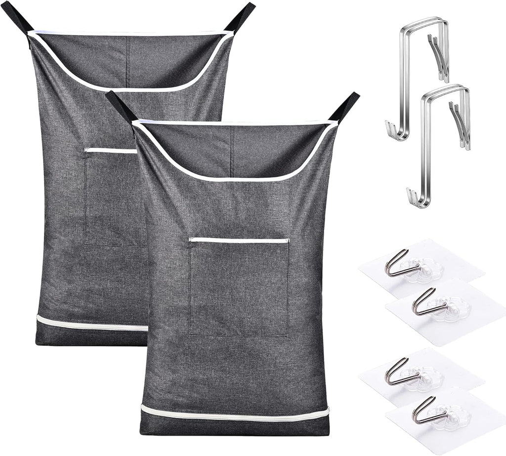 Hanging Laundry Hamper Bag Behind Door Hampers for Laundry Hanging Save Space Zipper Laundry Hamper Door Hanging with 2 PCs Stainless Steel Hooks Suction Hooks for Wall/Bathroom (Grey-2Pack)
