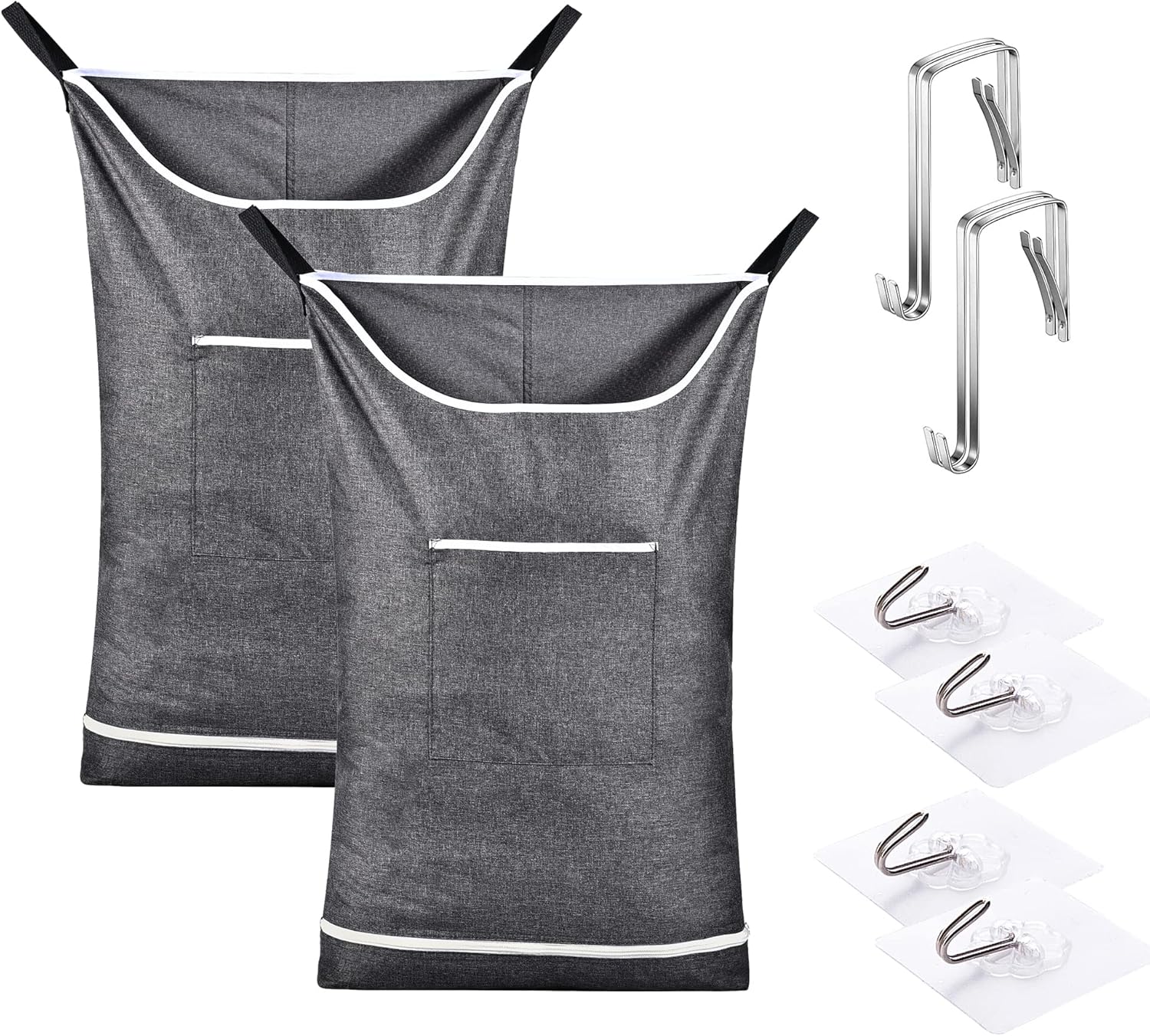 Hanging Laundry Hamper Bag Behind Door Hampers for Laundry Hanging Save Space Zipper Laundry Hamper Door Hanging with 2 PCs Stainless Steel Hooks Suction Hooks for Wall/Bathroom (Grey-2Pack)