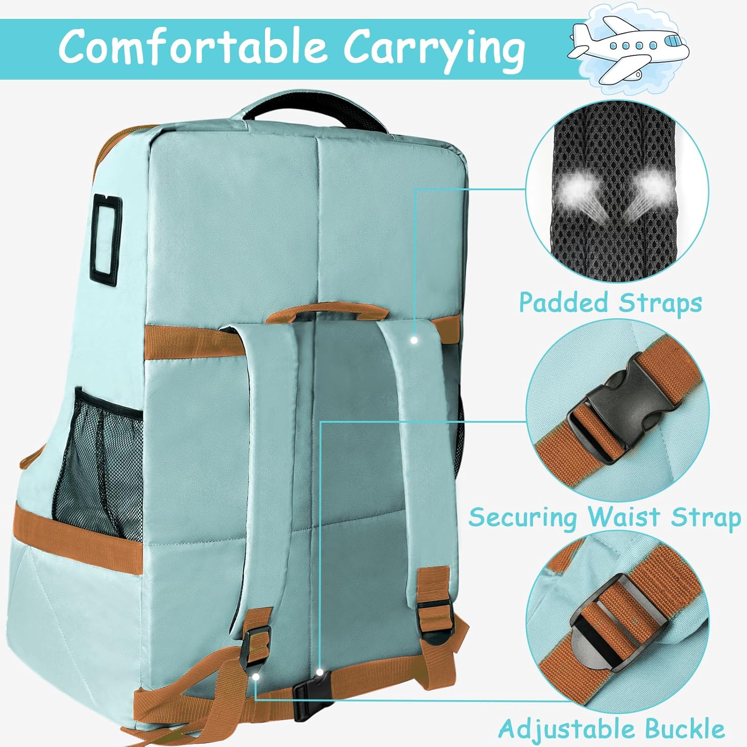 YOREPEK Padded Car Seat Travel Bag for Air Travel, Carseat Cover Backpack with Shoulder Straps, Large Carseat Gate Check Bag, Baby Travel Essential(Light Cyan)