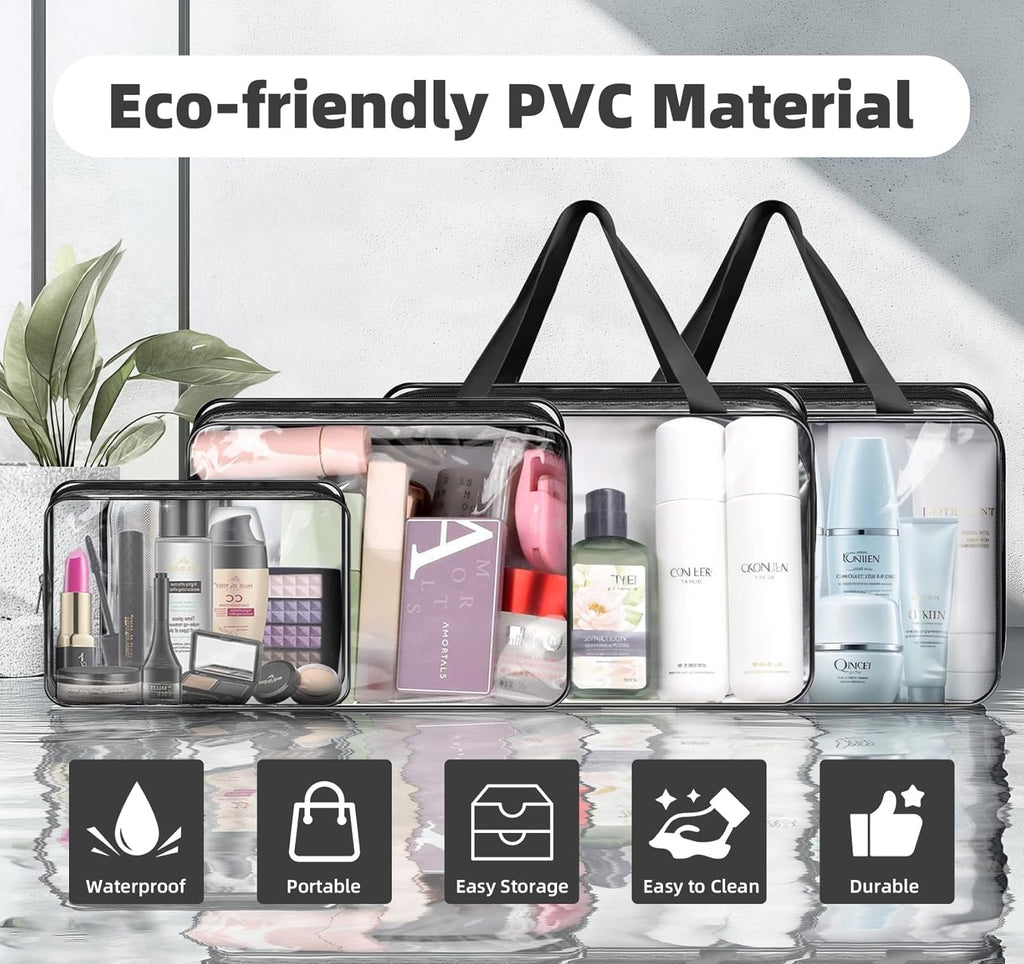ABSOFINE Clear Toiletry Bag for Travel Size Toiletries, 4 Pack Large Waterproof PVC Makeup Bags with 2 Pack Airport Security Liquids Bags, Travel Essentials toiletry Bottles for Women Girls Men