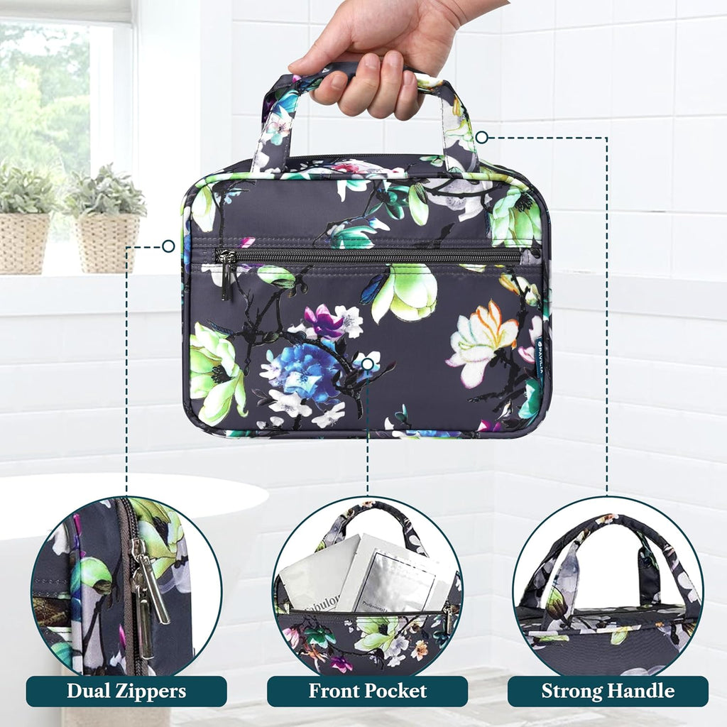 PAVILIA Hanging Toiletry Bag Travel Bag Women Men, Foldable Cosmetic Organizer, Roll up Makeup Bag, Water Resistant Accessories Toiletries, Large Travel Essentials Kit (Grey Floral)