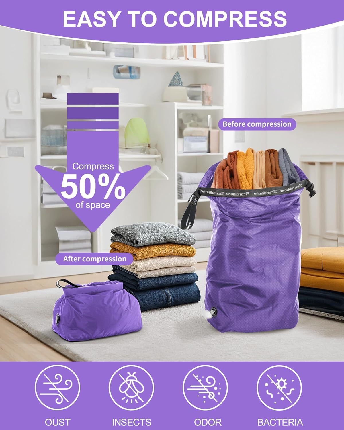 Travel Laundry Bag, Pump Free Vacuum Storage Bag Reusable Compression Dirty Clothes Travel Bag Waterproof Wet Dry Bags Large Capacity Space Saver Bags Camp Clothes Organizer (1 Pcs)(Purple, M)