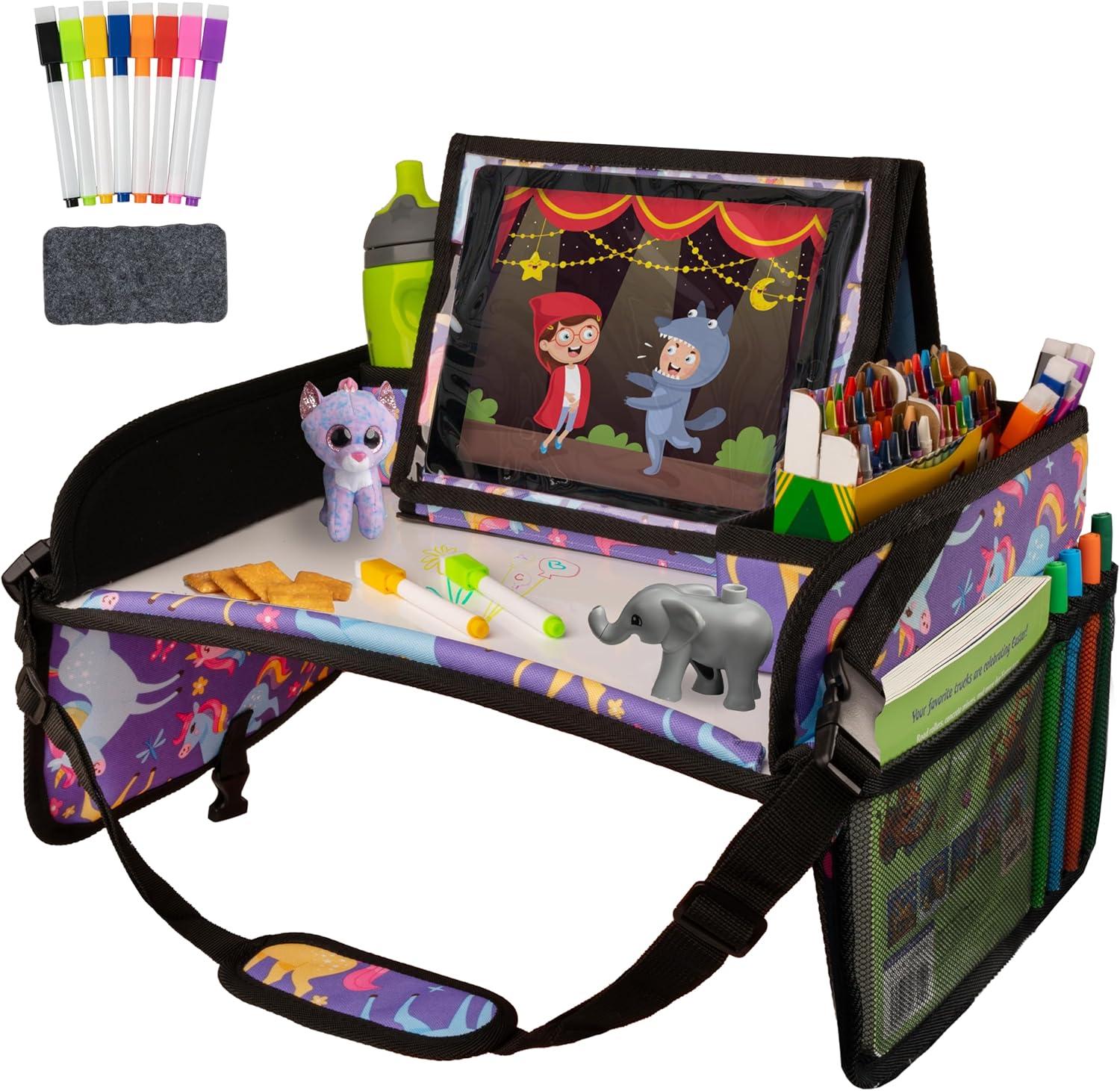 Lusso Gear Kids Travel Tray for Car - Road Trip Essentials for Kids - Car Seat Tray for Toddlers & Kids - for Airplane, Kids Travel Desk, Road Trip Activities (Purple Unicorns)