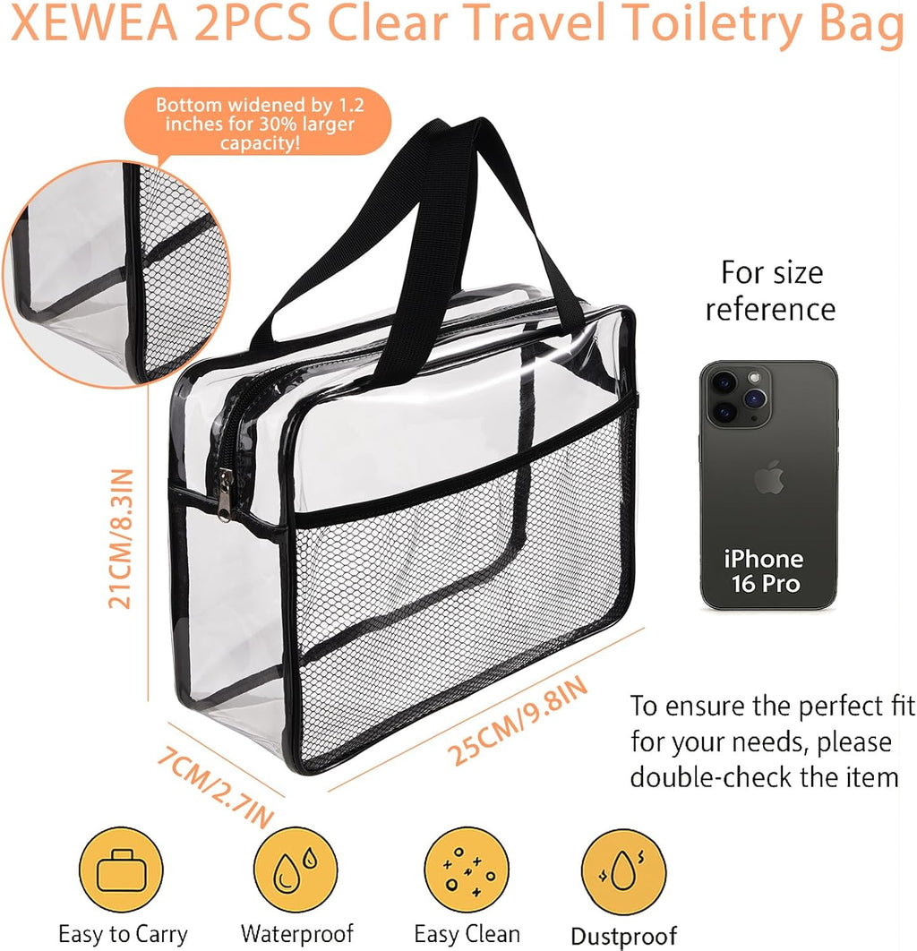 XEWEA 2PCS Middle TSA Approved Clear Travel Toiletry Bags for Men Women, Transparent Makeup Cosmetic Bag with Handle Zipper, Waterproof PVC Quart Organizer Pouch for Airport Airline Essential, Balck