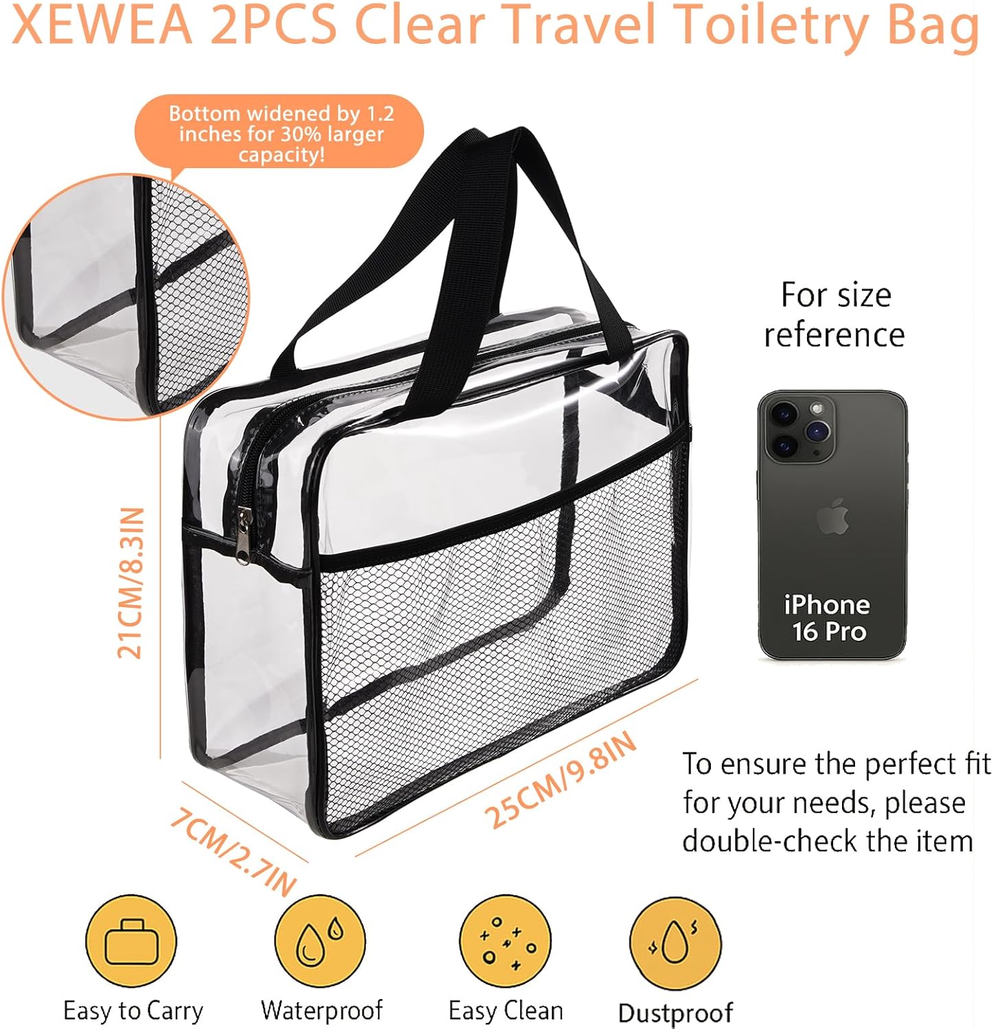 XEWEA 2PCS Middle TSA Approved Clear Travel Toiletry Bags for Men Women, Transparent Makeup Cosmetic Bag with Handle Zipper, Waterproof PVC Quart Organizer Pouch for Airport Airline Essential, Balck