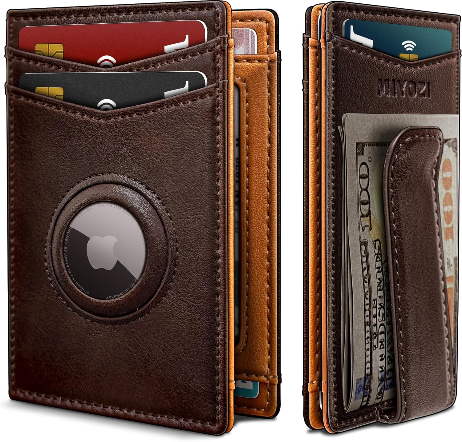 Airtag Wallet for Men- with Money Clip Gift Boxed, Magnetic Closure Slim Genuine Leather Front Pocket Wallet, 4.1"x 2.8", RFID Blocking