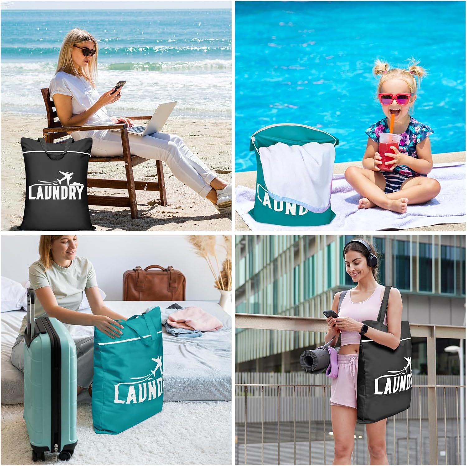 2 Pcs Large Travel Laundry Bag - Washable Waterproof Wet Bag for Dirty Clothes, Swimsuit, Workout, Gym, Swimming Pool, Yoga, College Dorm (Black+Blue)