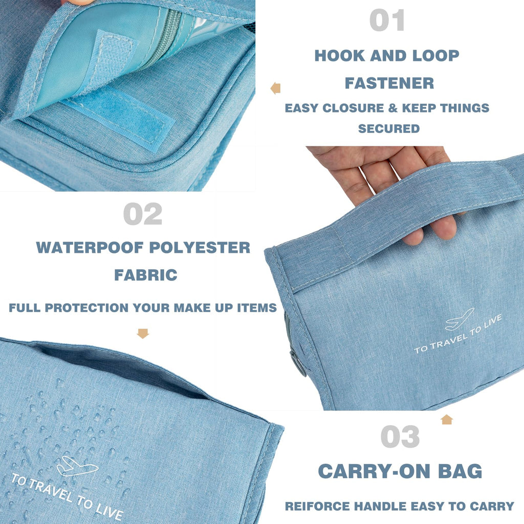 L&FY Hanging Travel Toiletry Bag Women's Cosmetic Organizer Makeup Case Pouch Men's Shaving Kits With Handle (Canvas Blue)