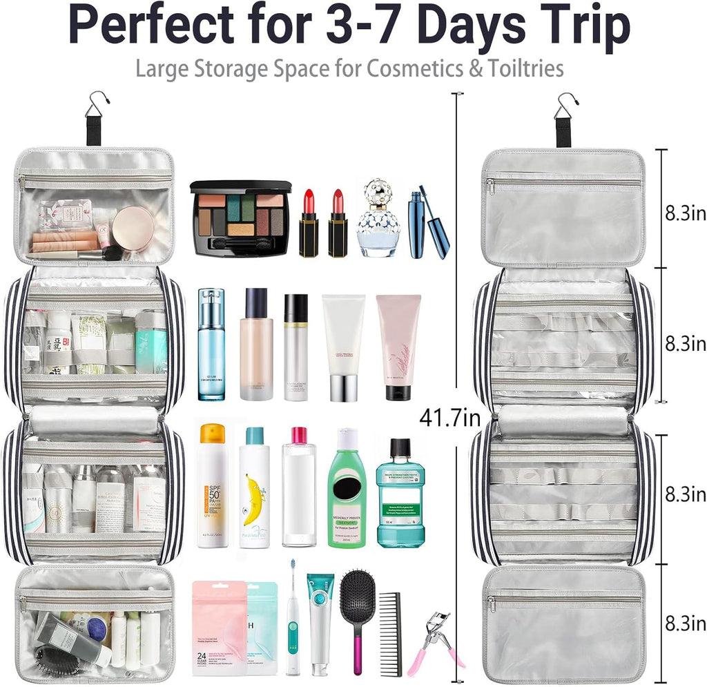 Hanging Travel Toiletry Bag,Large Capacity Cosmetic Travel Toiletry Organizer for Women with 4 Compartments & 1 Sturdy Hook,Perfect for Travel/Daily Use/Christmas