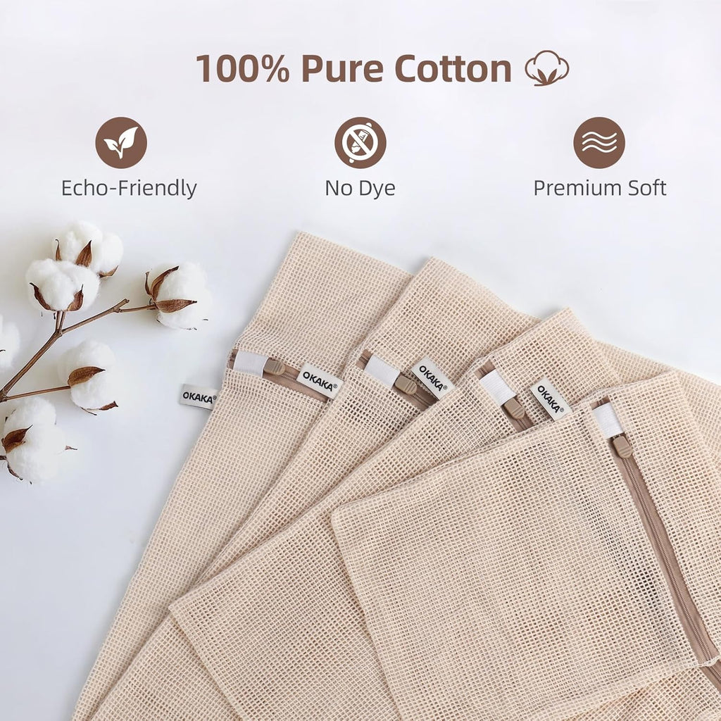 100% Cotton Mesh Laundry Bags, Premium Soft, No Dye, Set of 4, Natural