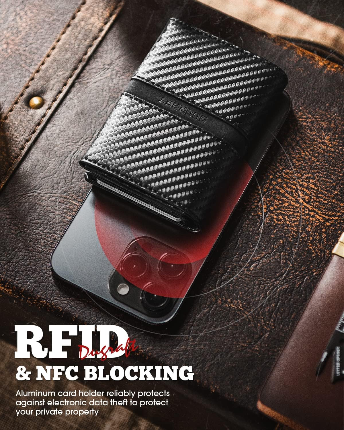 DUGRAFT Mens Wallet for Max.11 Cards with Pop Up Credit Card Ejector Case RFID Blocking, Bills/Cash Compartment and ID Window, Giftbox Packed, Carbon Fiber Black