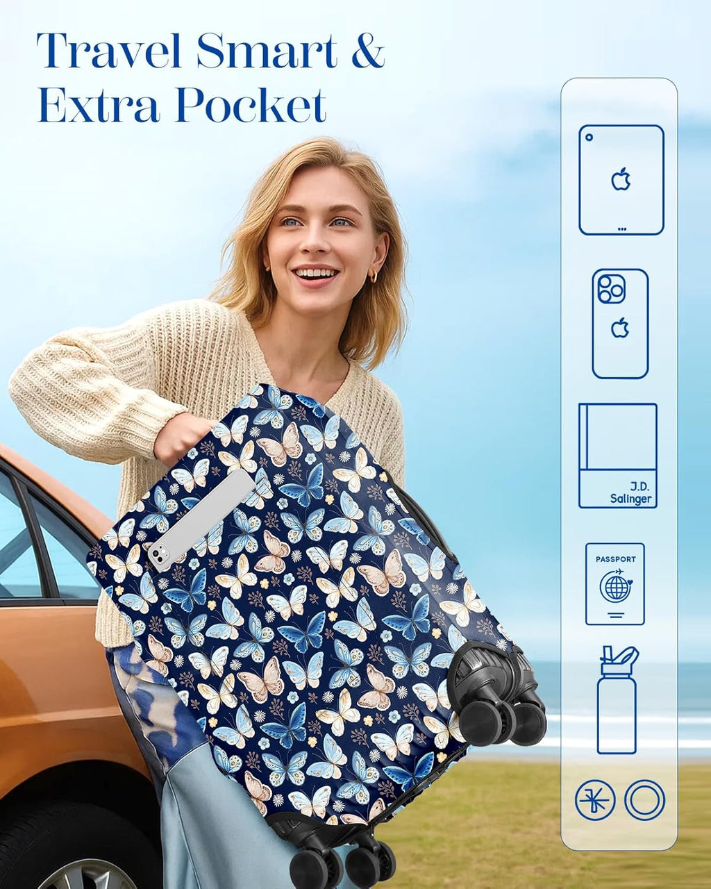 Slohif Luggage Cover for Suitcase Tsa Approved Protector - Luggage Sleeve Large Suit Case Cover Travel Stretch Baggage Case Protective Washable Fit 18-20 Inch Blue Butterfly XS