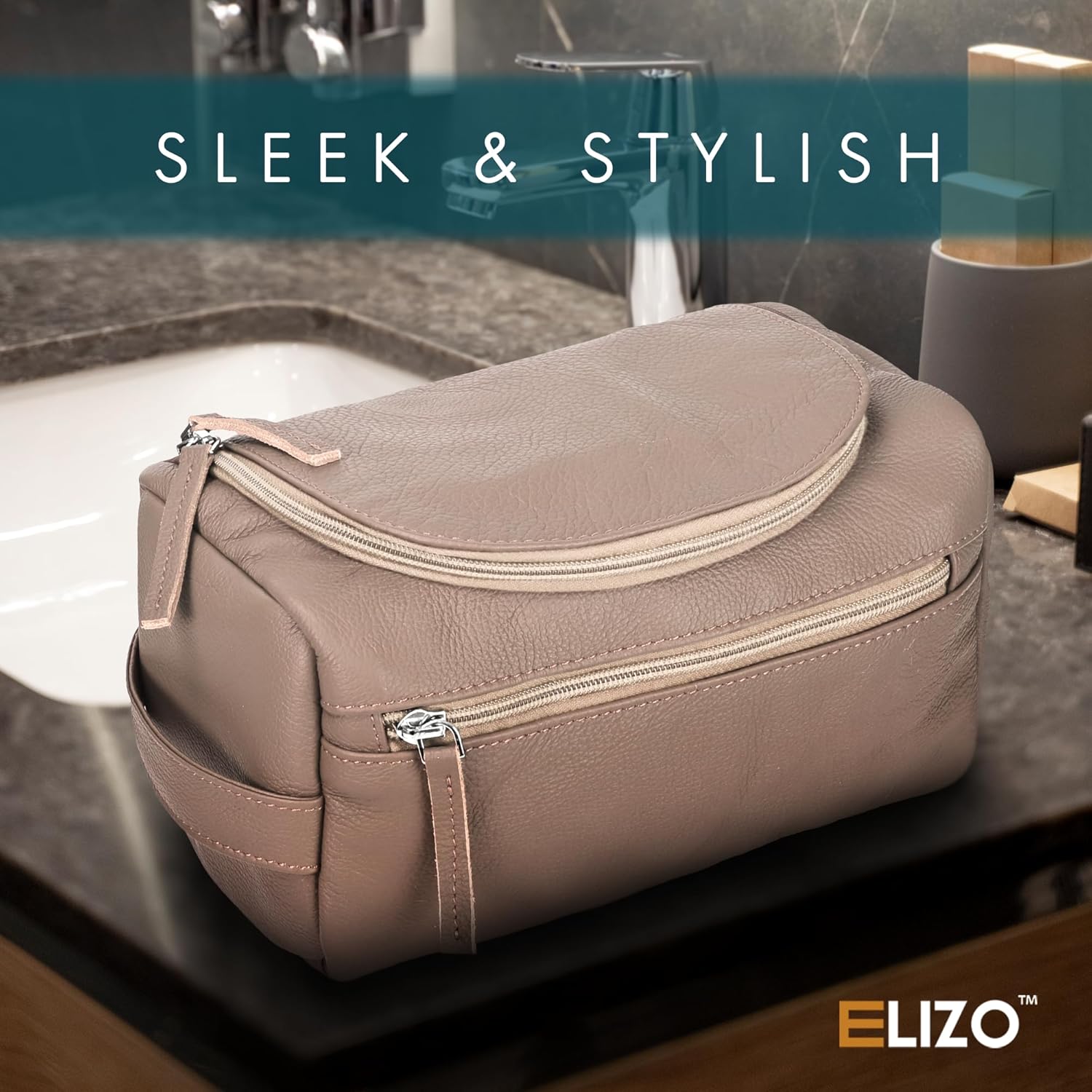 ELIZO Premium REAL Leather Toiletry Bag for Men Dopp Kitt Hanging Mens Toiletry Large TSA Toiletries Bag Shaving Grooming Bag Organizer Cream