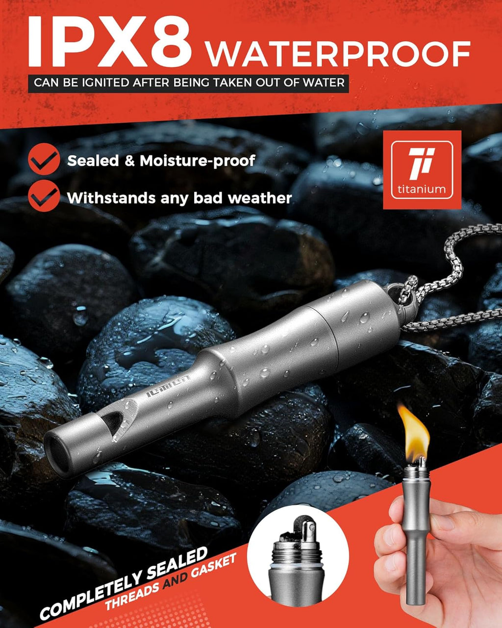 3-in-1 Fire Starter Survival Tool -Titanium Emergency Whistle, Kerosene Lighter & Mini Pill Holder, IPX8 Water-Resistant, Dust-Resistant, Compact for Hiking, Camping, Rescue(Fuel not Included)