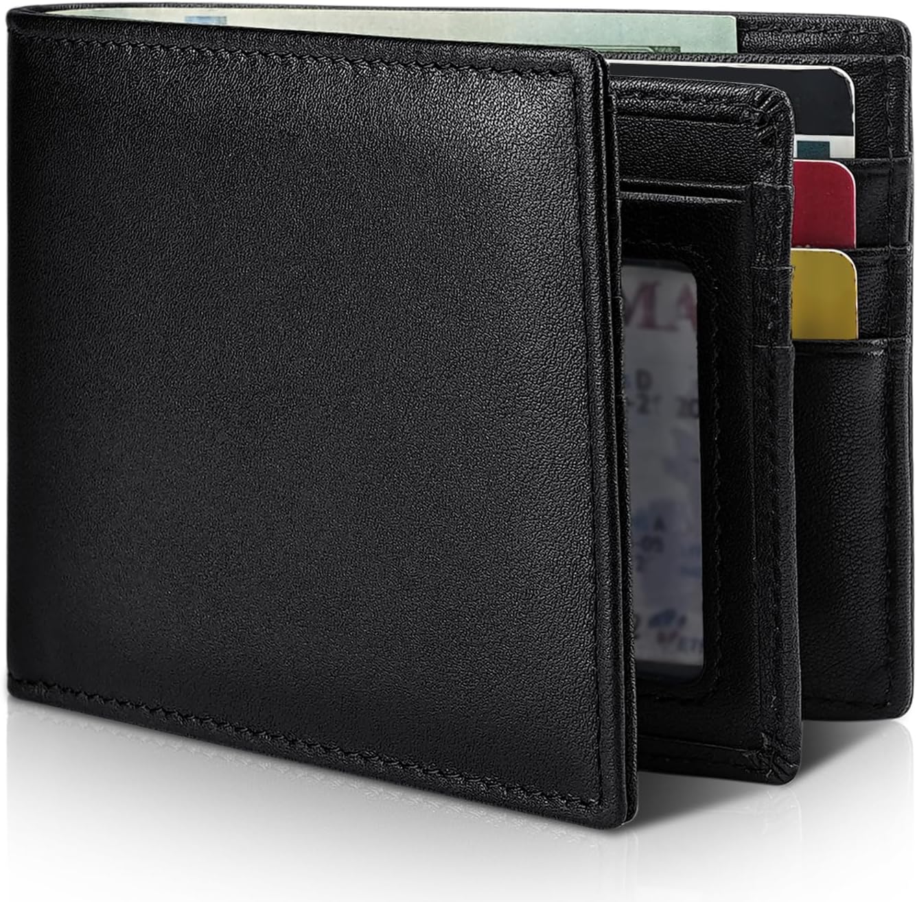 Mens Wallet Genuine Leather Bifold RFID Blocking Wallet for Men with 1 ID Window 13 Card Holders 2 cash pockets 1 Gift Box