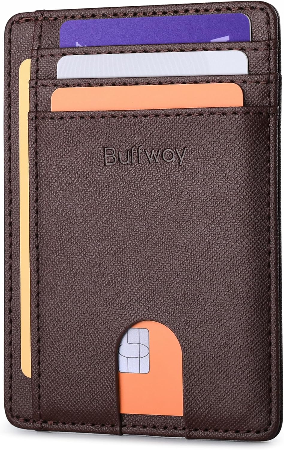 Buffway Slim Minimalist Front Pocket RFID Blocking Leather Wallets for Men and Women - Cross Coffee