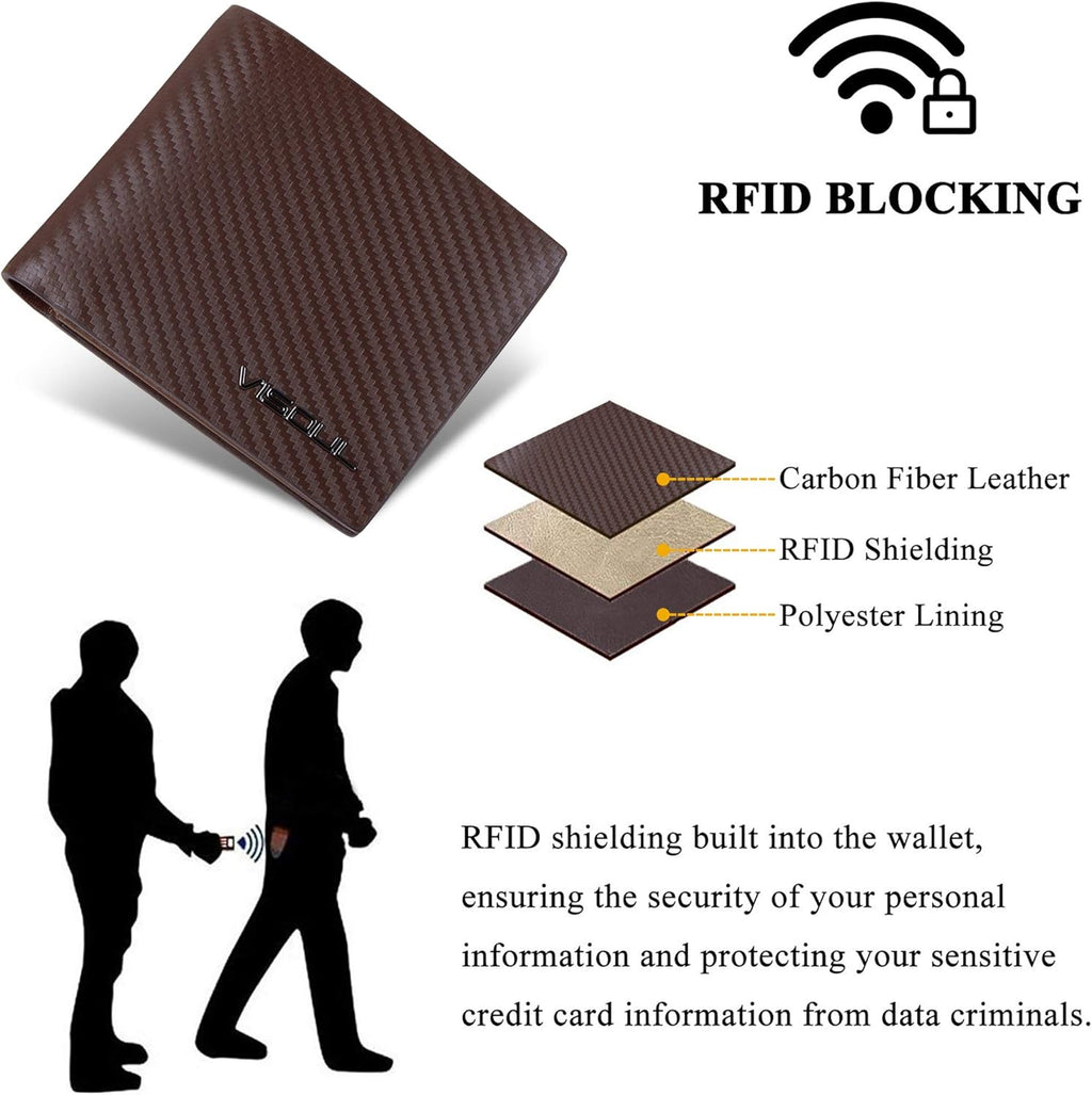 VISOUL Mens Carbon Fiber Leather Bifold Wallet with 2 ID Windows, RFID Blocking Stylish Wallet for Men with 2 Cash Compartments (Brown+Brown)