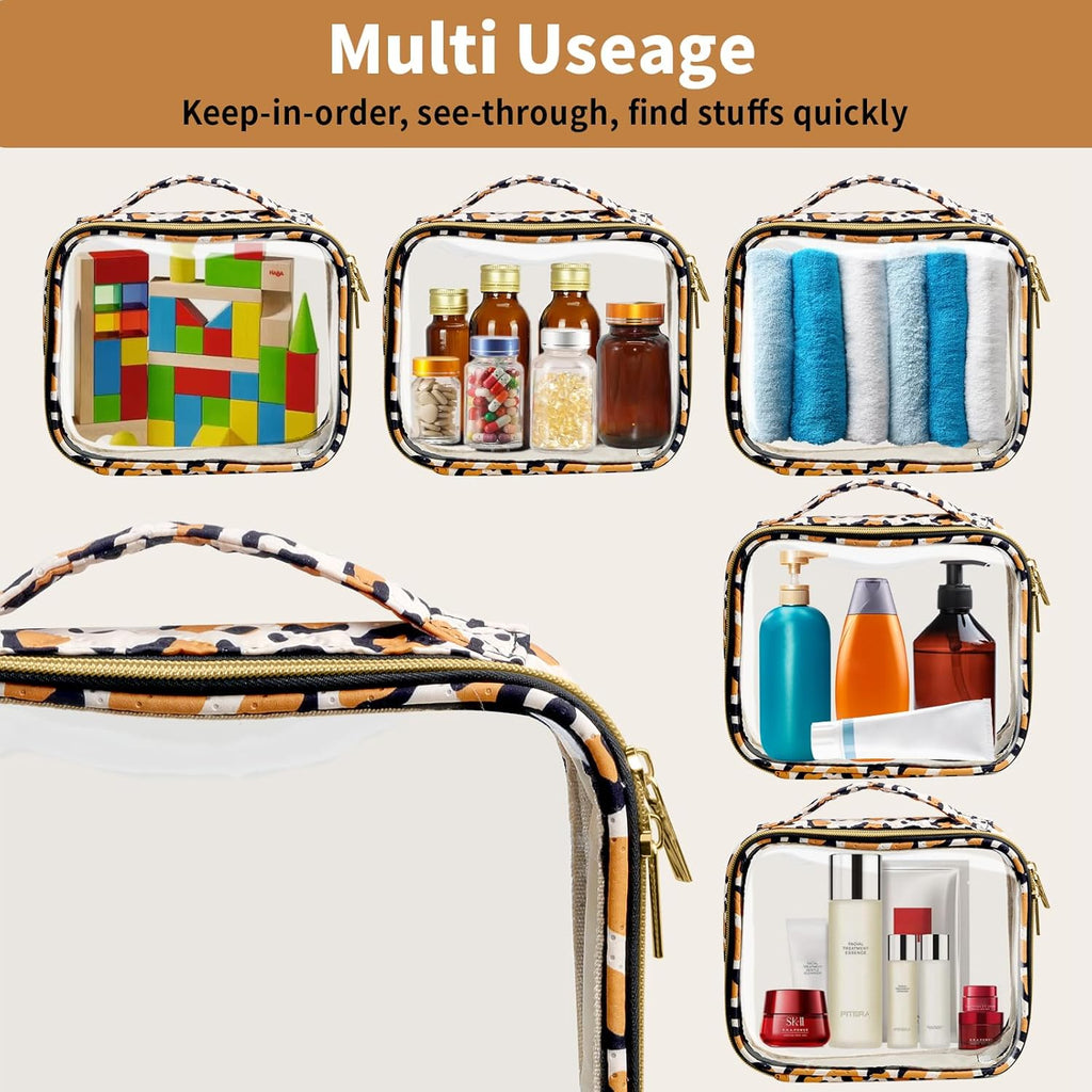 Travel Toiletry Bag,2 Pack Clear Makeup Bags with Handles,180°Opening Clear Cosmetic Bags for Traveling Women,Men,Travel Essentials,Leopard