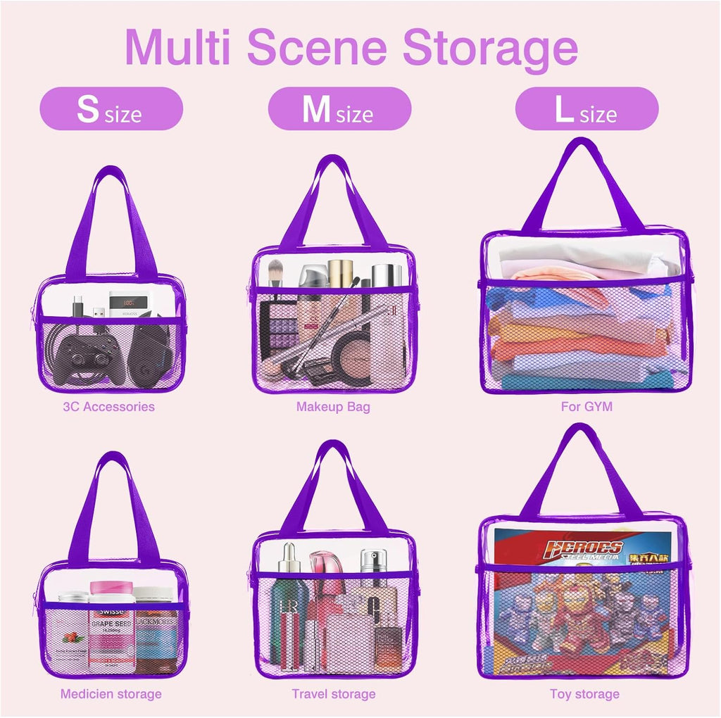 XEWEA Clear Travel Toiletry Bags, 3 Pack TSA Approved Transparent Makeup Bag for Men Women, Large Waterproof PVC Quart Organizer with Zipper for Toiletries Airline Essential,Toy Storage Pouch Purple