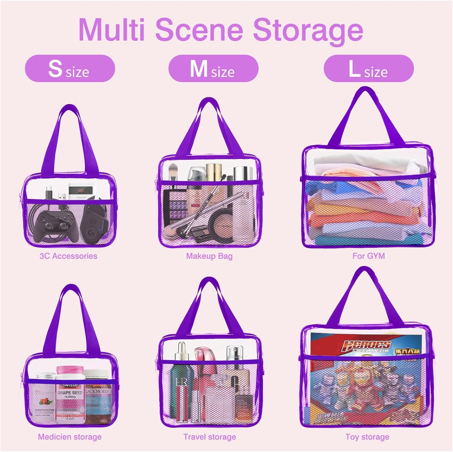XEWEA Clear Travel Toiletry Bags, 3 Pack TSA Approved Transparent Makeup Bag for Men Women, Large Waterproof PVC Quart Organizer with Zipper for Toiletries Airline Essential,Toy Storage Pouch Purple