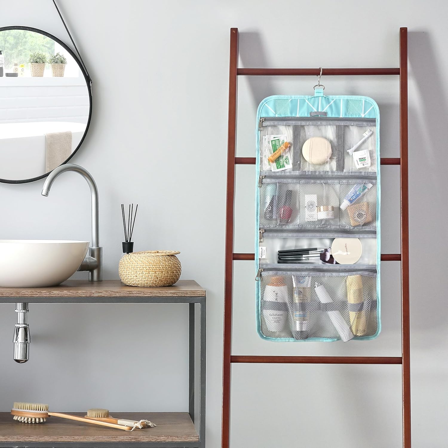 PAVILIA Hanging Toiletry Bag Women Men, Travel Kit Foldable Large Toiletries Organizer, Roll up Cosmetics Makeup Bag Accessories, Waterproof Essentials Jewelry Case (Teal Chevron)